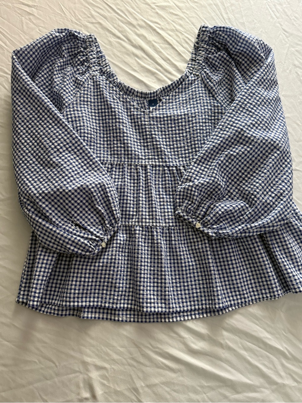 Old Navy Blue and White Gingham Puff-Sleeve Peasant Blouse
